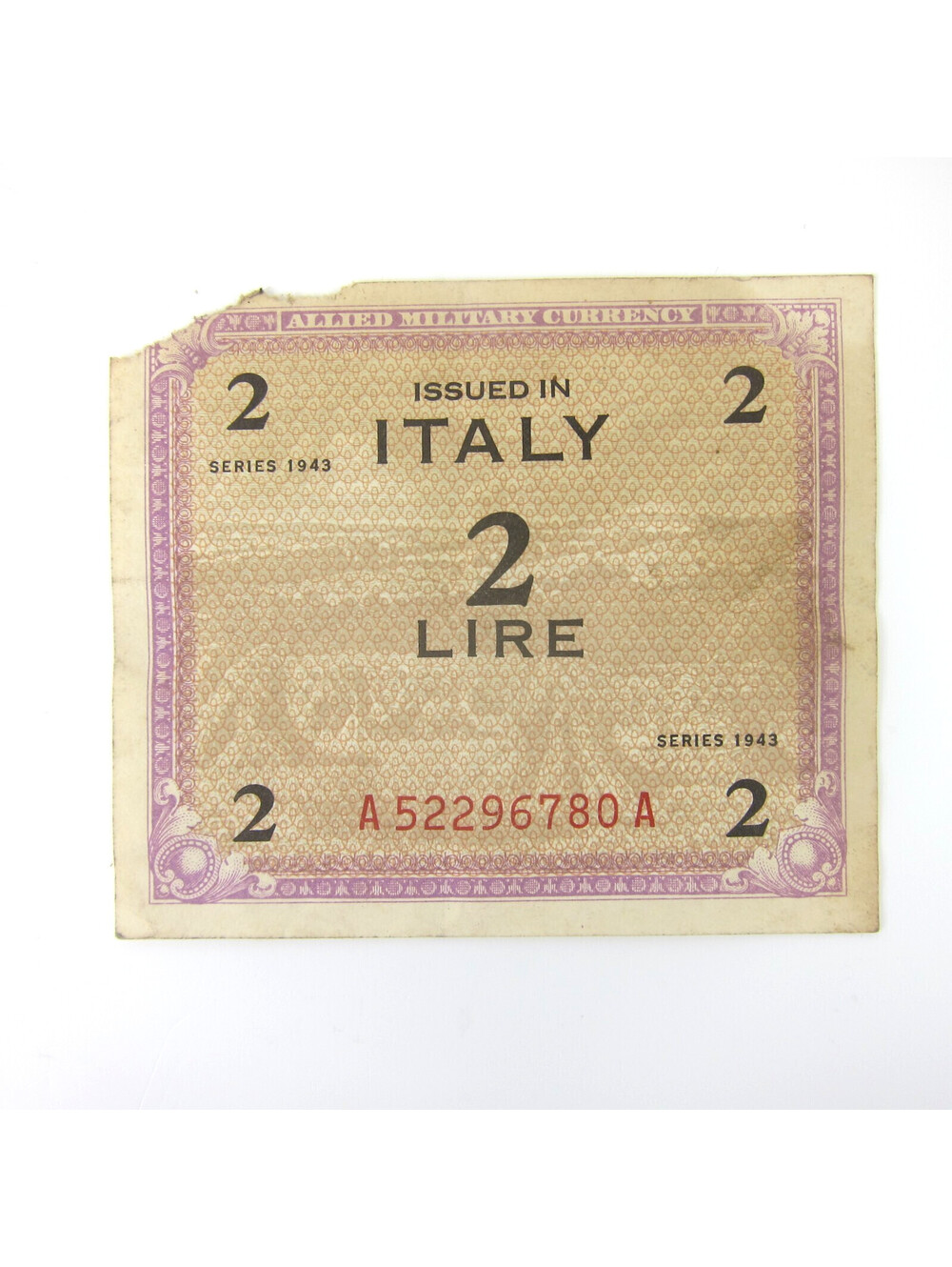 Italy Allied Military Currency AMC 2 Lire Series 1943 World War 2 WWII Vintage